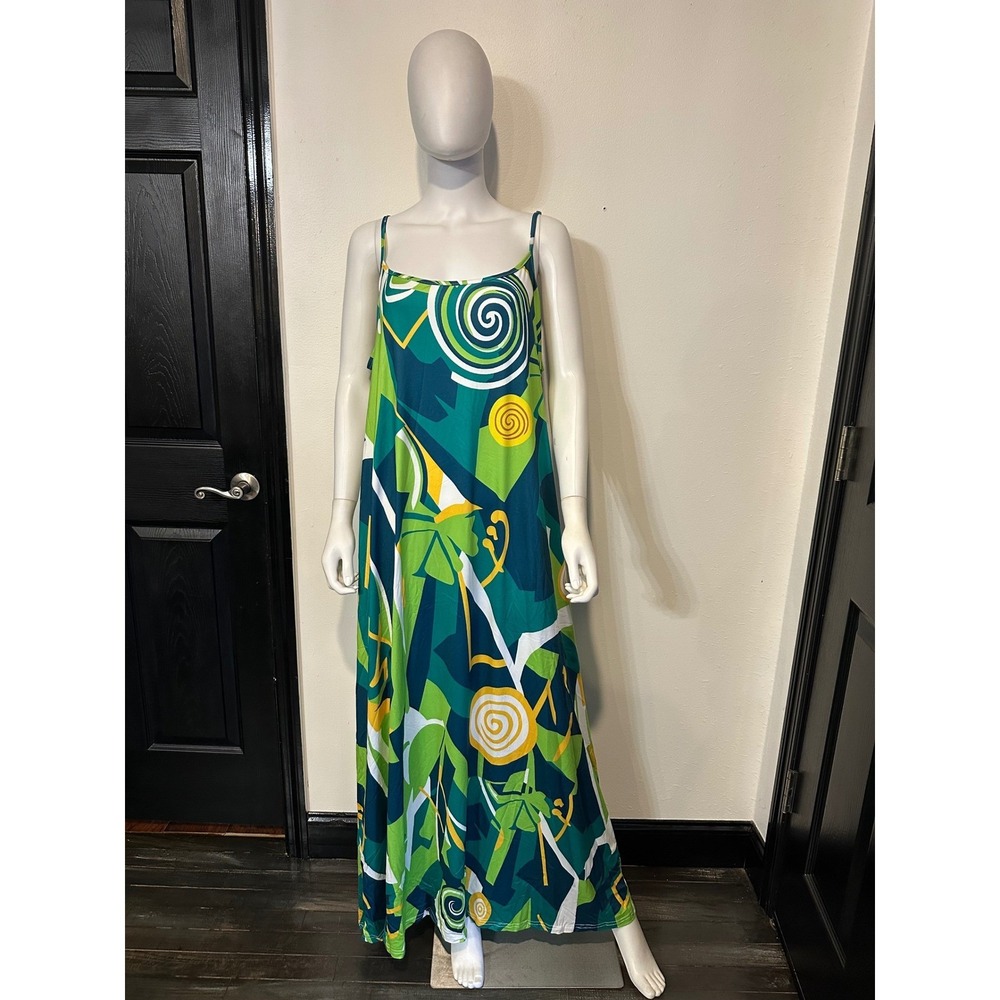 SHEIN Green Abstract Geometric Swirl Print Maxi Dress Sleeveless Spaghetti